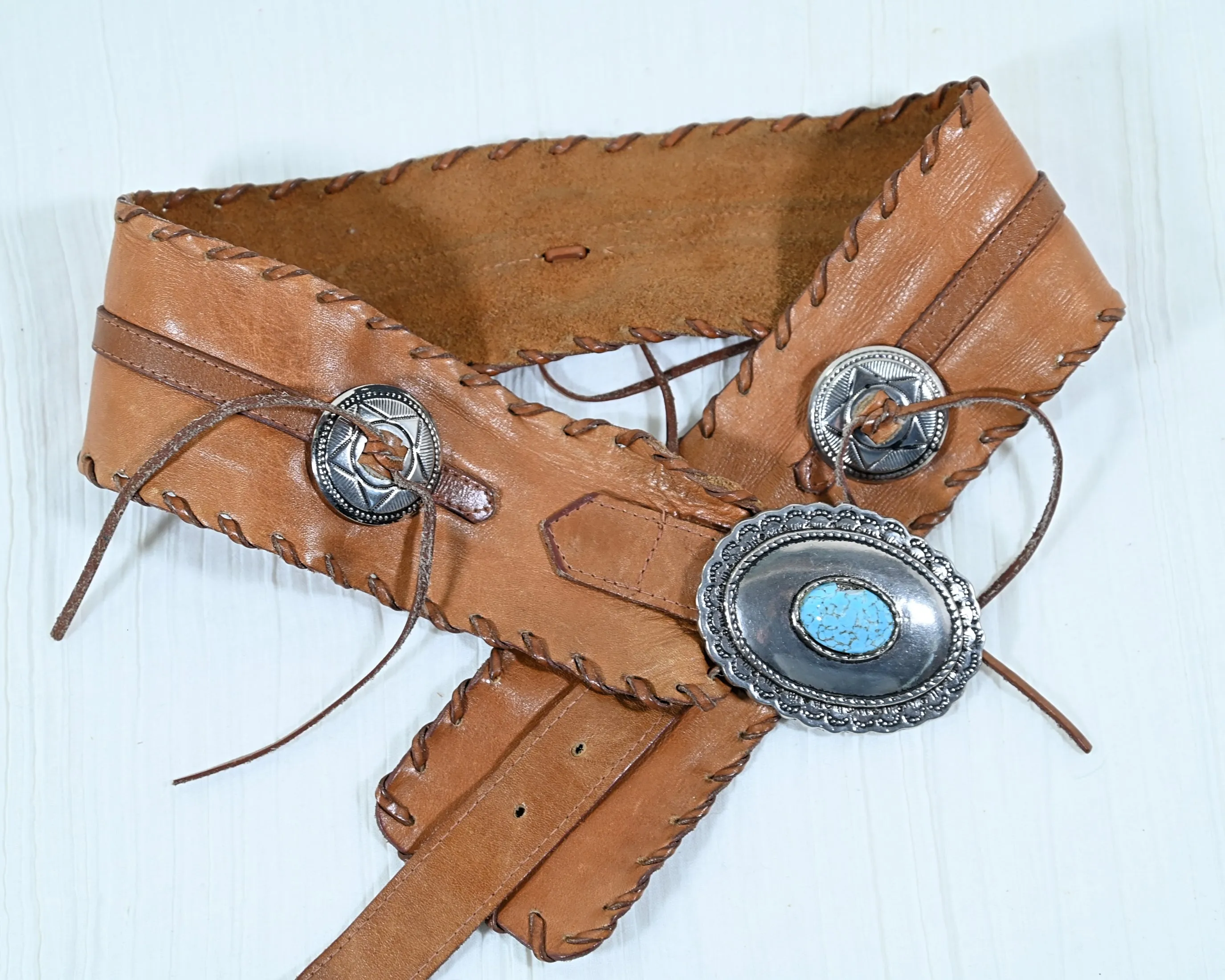 SOLD Vintage Leather Southwestern Concho Belt, Silvertone Faux Turquoise Stone, Damaged Stone