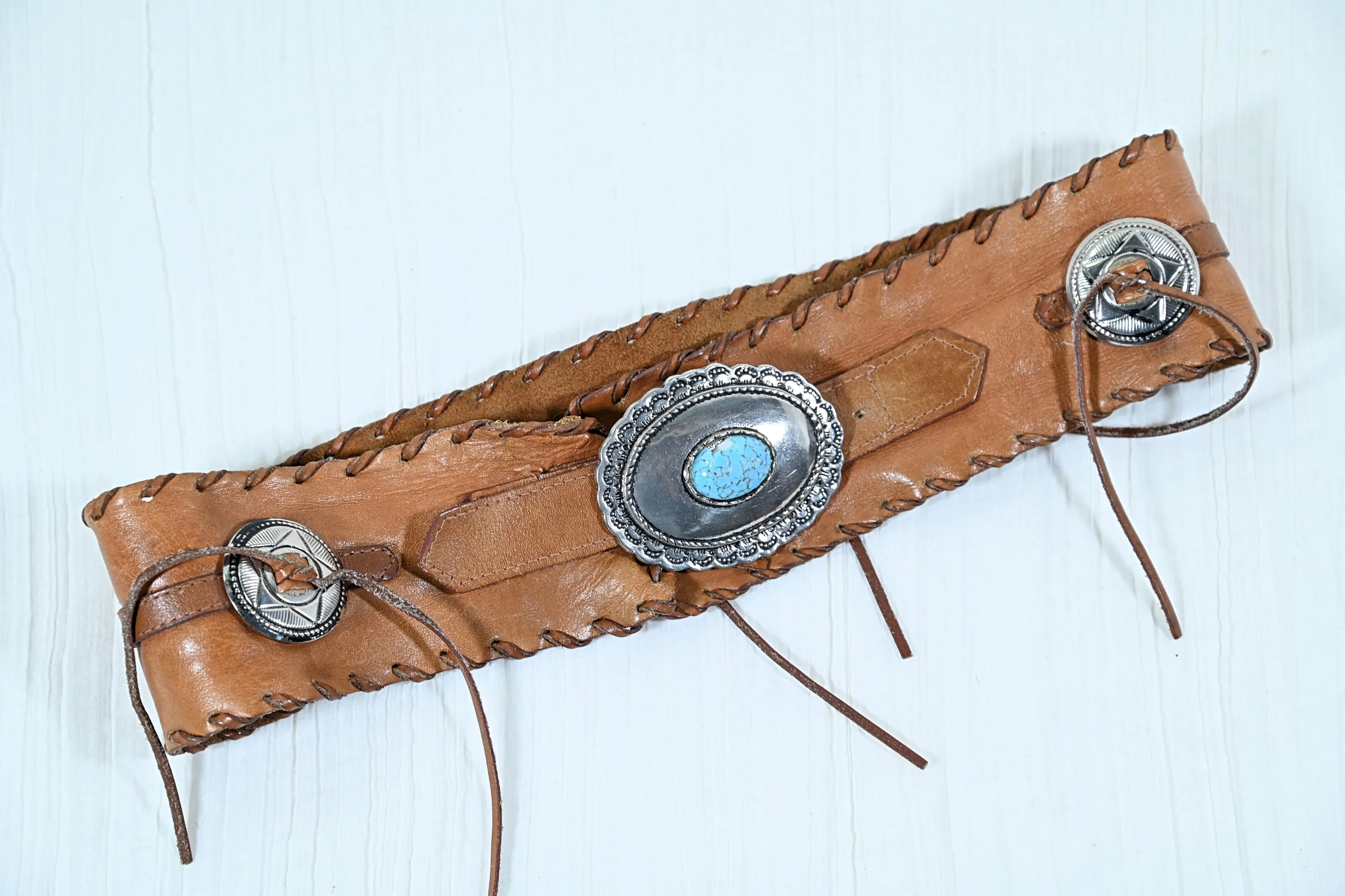 SOLD Vintage Leather Southwestern Concho Belt, Silvertone Faux Turquoise Stone, Damaged Stone