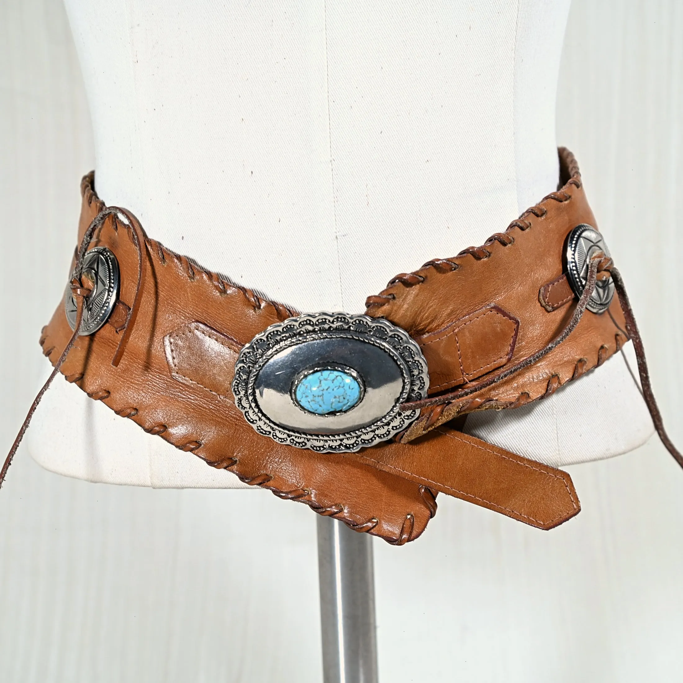 SOLD Vintage Leather Southwestern Concho Belt, Silvertone Faux Turquoise Stone, Damaged Stone