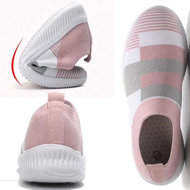 Women 2020 Knitted Striped Flat Sneakers